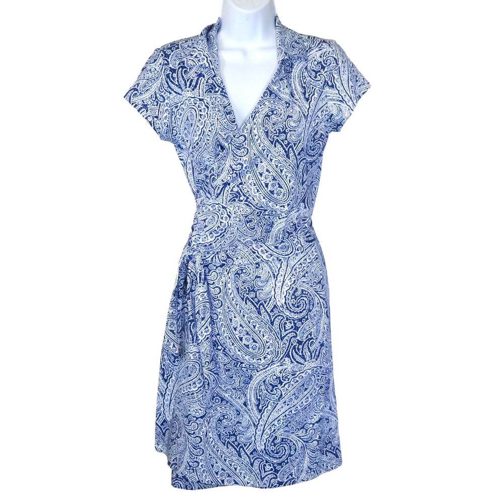 J.McLaughlin Wrap Dress Womens Small Blue White Paisley Short Sleeve Collared S